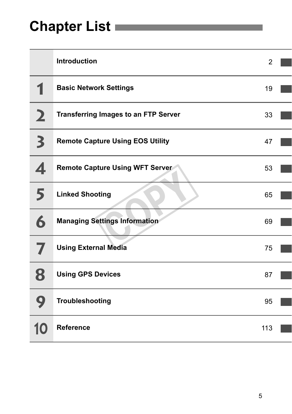 Chapter list, Cop y | Canon Wireless File Transmitter WFT-E4 II A User Manual | Page 5 / 128