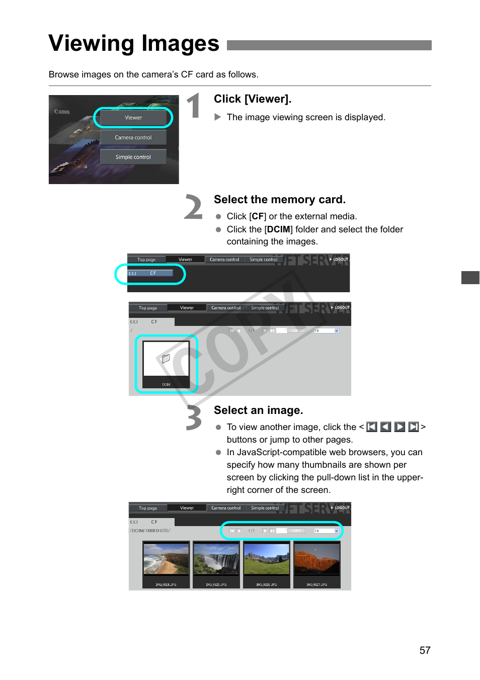 Viewing images, Cop y | Canon Wireless File Transmitter WFT-E4 II A User Manual | Page 57 / 128