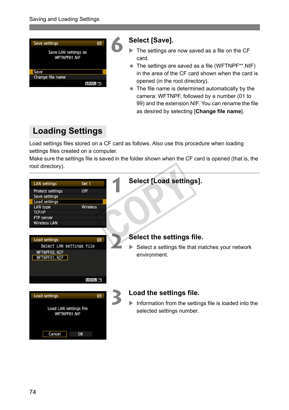 Loading settings, Cop y | Canon Wireless File Transmitter WFT-E4 II A User Manual | Page 74 / 128