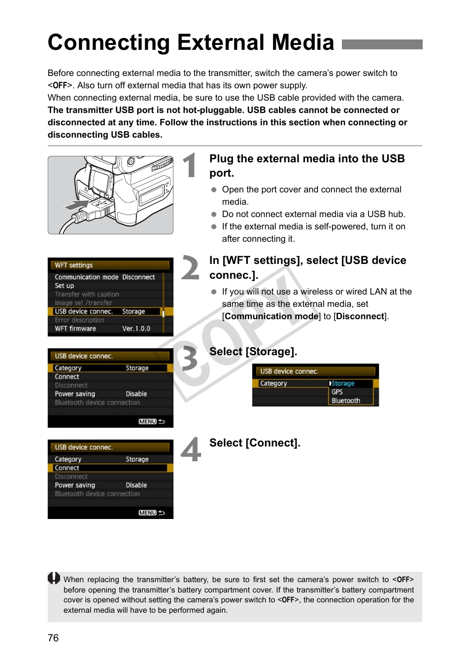 Connecting external media, Cop y | Canon Wireless File Transmitter WFT-E4 II A User Manual | Page 76 / 128