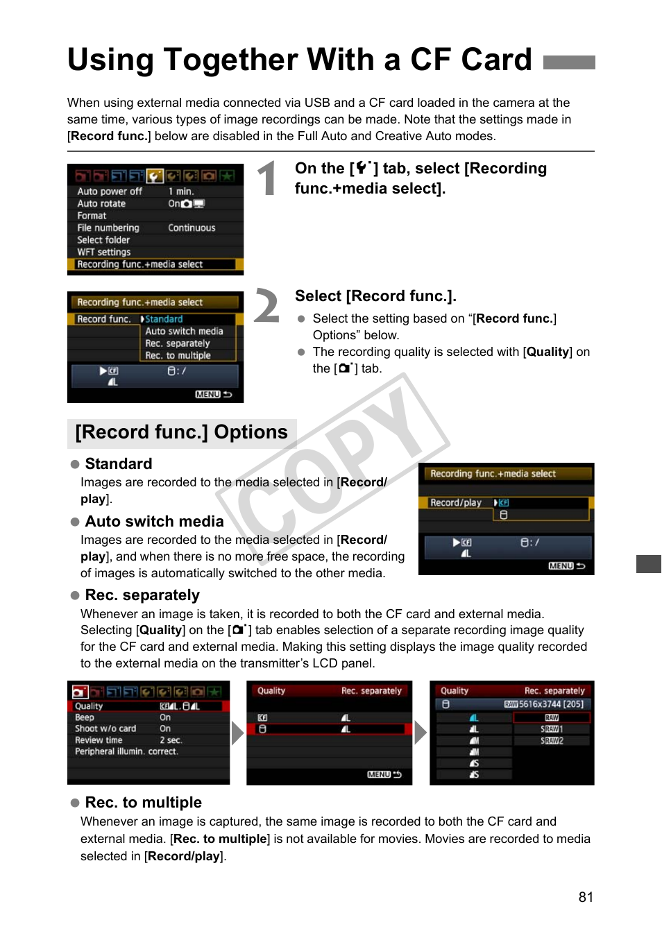 Using together with a cf card, Record func.] options, Cop y | Canon Wireless File Transmitter WFT-E4 II A User Manual | Page 81 / 128