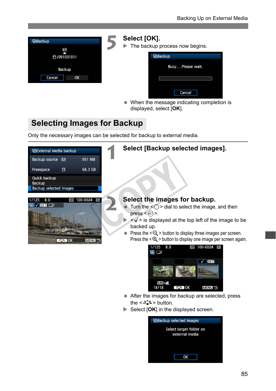 Selecting images for backup, Cop y | Canon Wireless File Transmitter WFT-E4 II A User Manual | Page 85 / 128