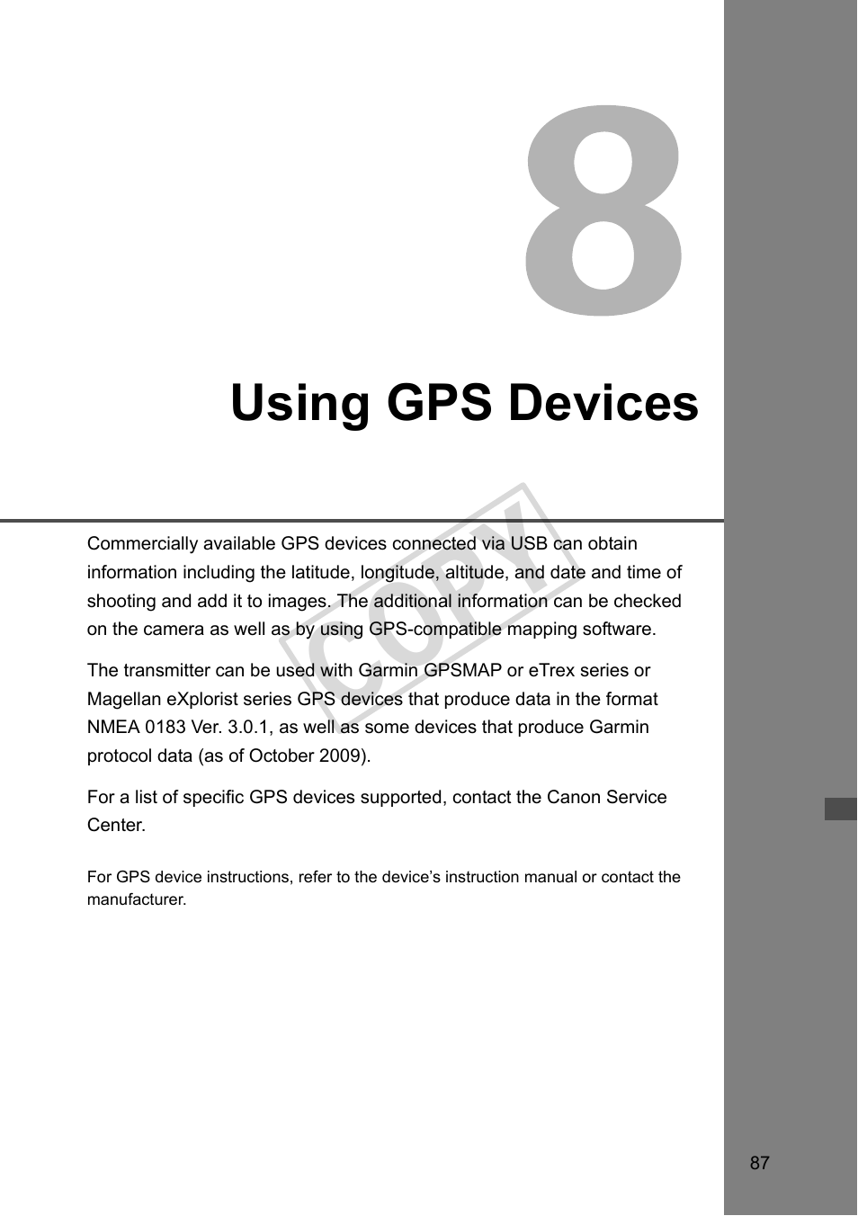 Using gps devices, 8 using gps devices (p.87), Cop y | Canon Wireless File Transmitter WFT-E4 II A User Manual | Page 87 / 128