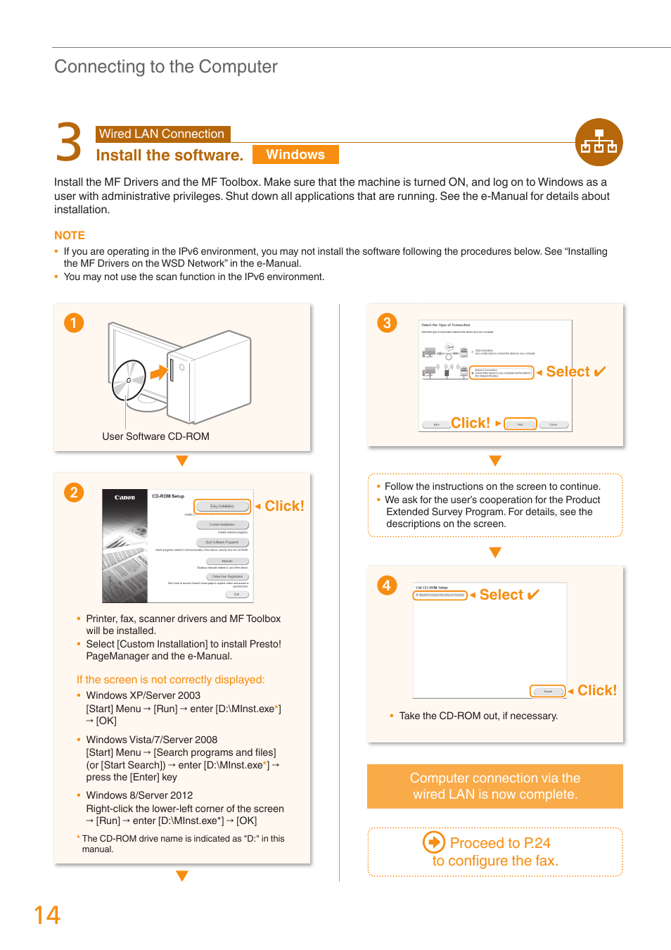 Connecting to the computer, Install the software | Canon imageCLASS MF4770n User Manual | Page 14 / 36