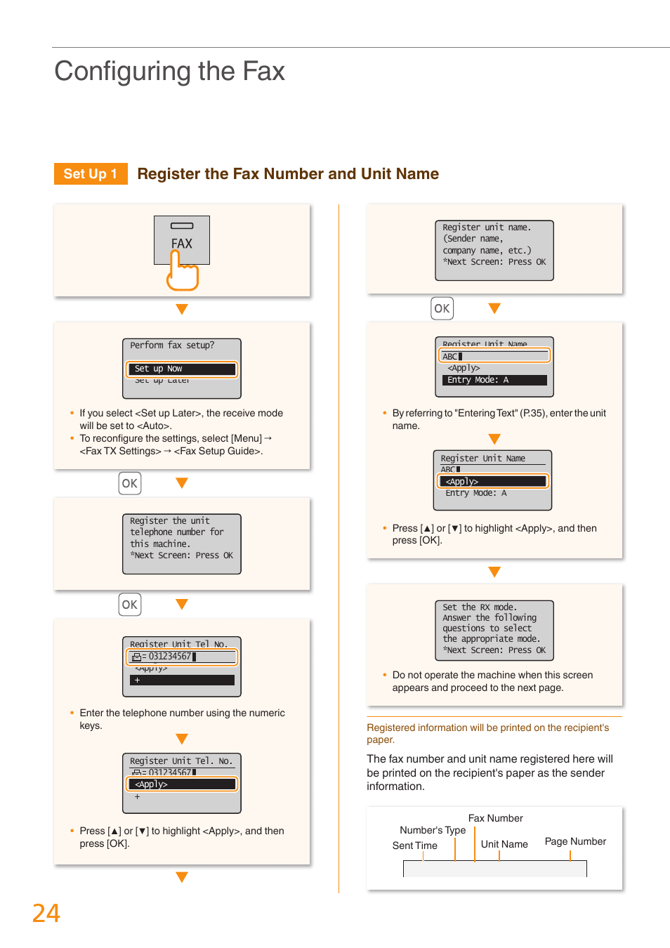 Confi guring the fax, Register the fax number and unit name, Set up 1 | Canon imageCLASS MF4770n User Manual | Page 24 / 36