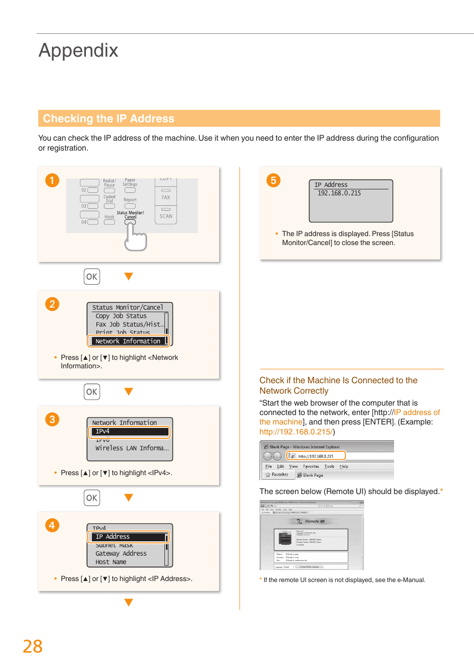 Appendix, Checking the ip address | Canon imageCLASS MF4770n User Manual | Page 28 / 36