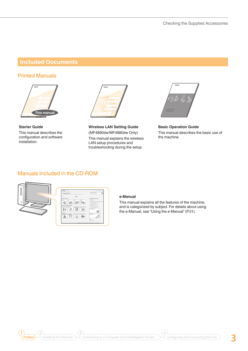 Included documents, Printed manuals, Manuals included in the cd-rom | Canon imageCLASS MF4770n User Manual | Page 3 / 36