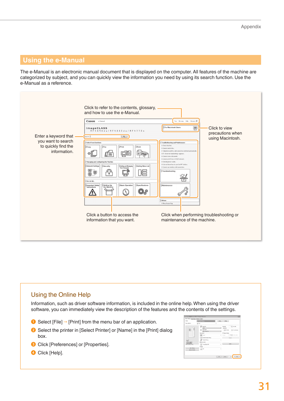 Using the e-manual, Using the online help | Canon imageCLASS MF4770n User Manual | Page 31 / 36