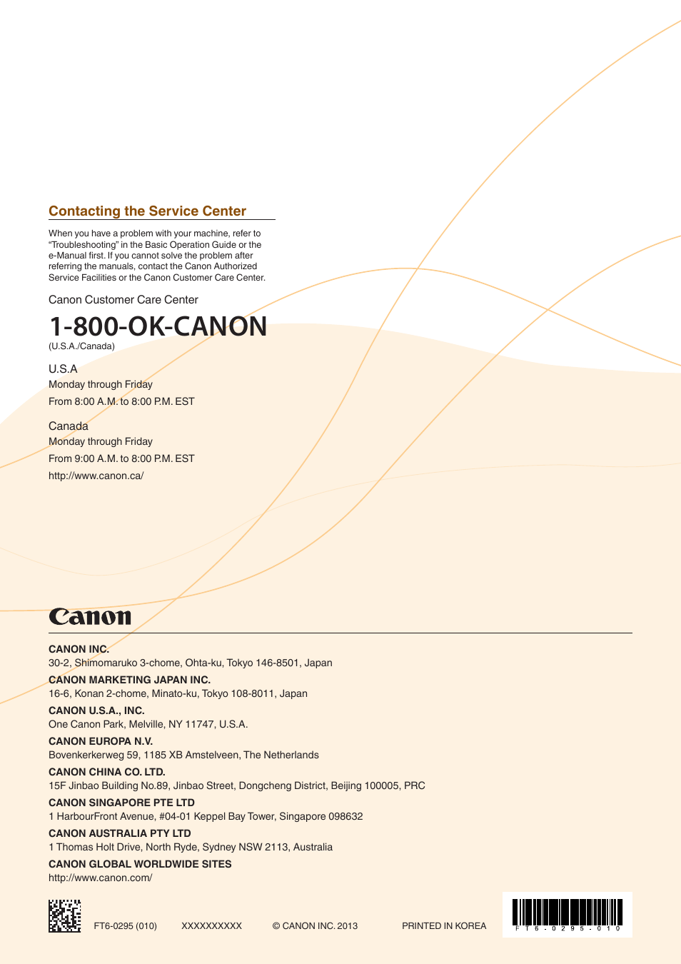 800-ok-canon, Contacting the service center | Canon imageCLASS MF4770n User Manual | Page 36 / 36