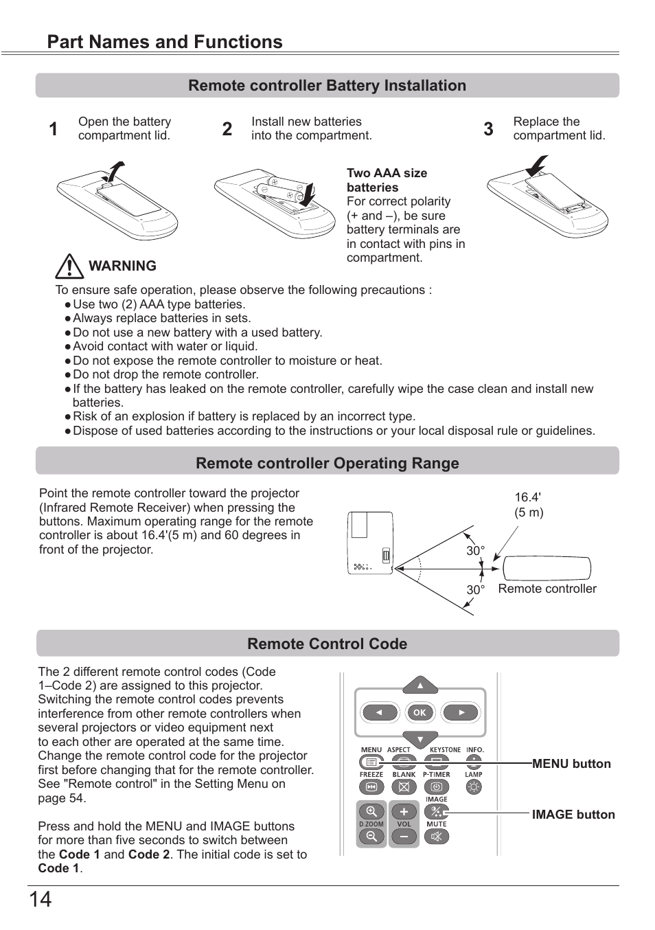 Remote controller battery installation, Remote controller operating range, Remote control code | Part names and functions | Canon LV 7490 User Manual | Page 14 / 78
