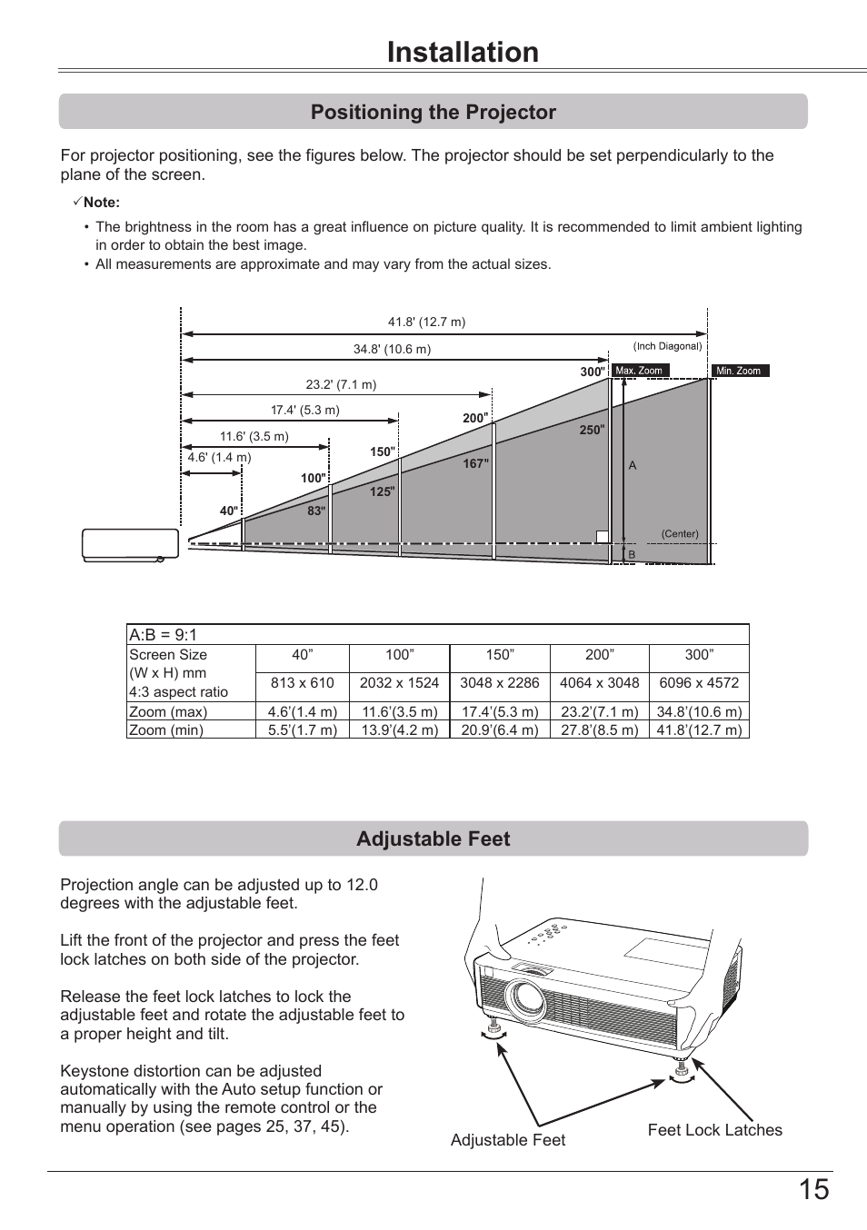 Installation, Positioning the projector, Adjustable feet | Part names and functions | Canon LV 7490 User Manual | Page 15 / 78