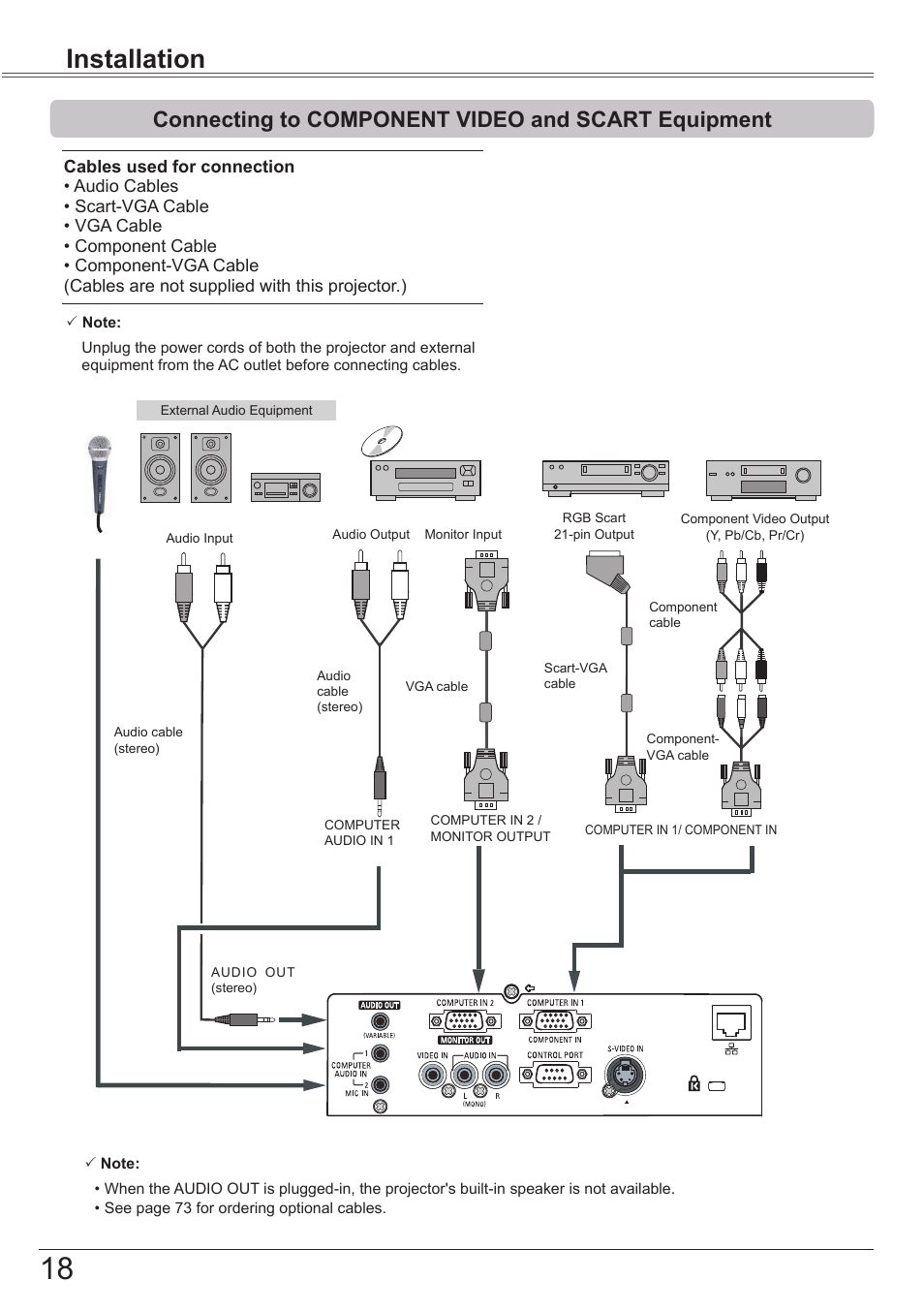 Connecting to component video and scart equipment, Installation | Canon LV 7490 User Manual | Page 18 / 78