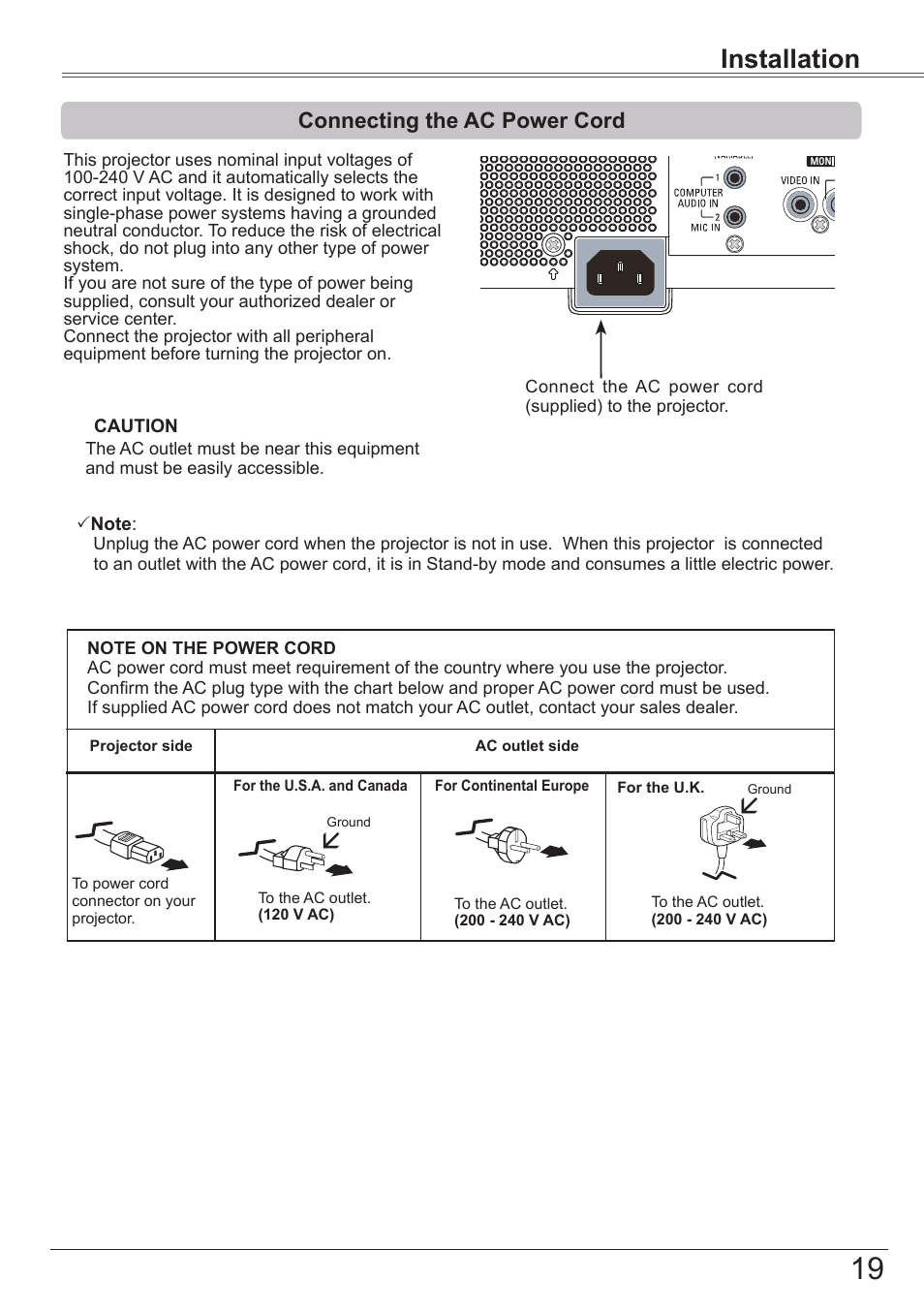 Connecting the ac power cord, Installation | Canon LV 7490 User Manual | Page 19 / 78