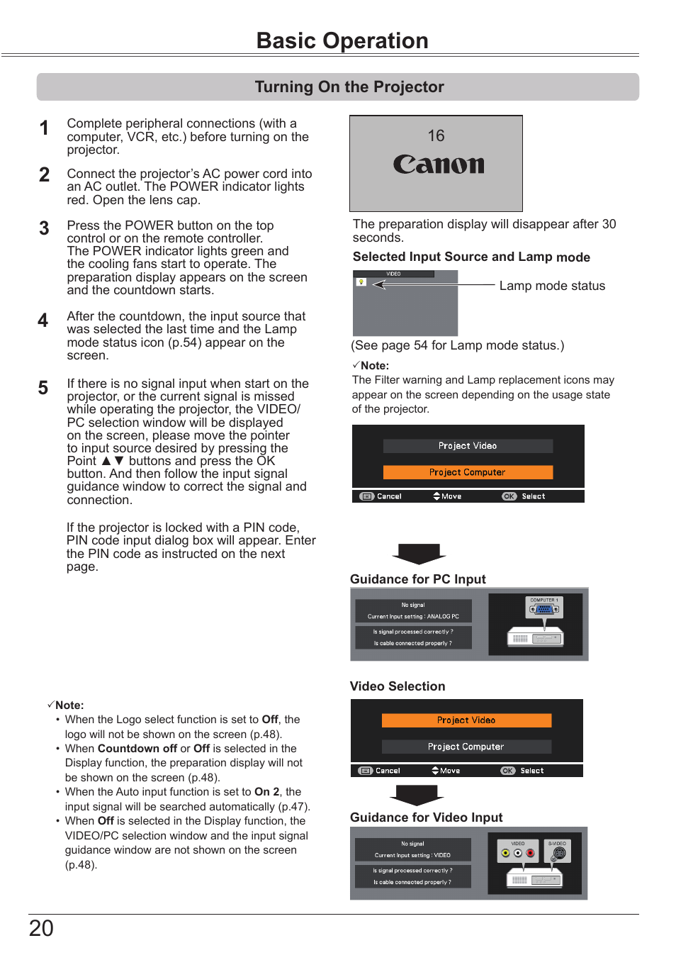 Basic operation, Turning on the projector | Canon LV 7490 User Manual | Page 20 / 78