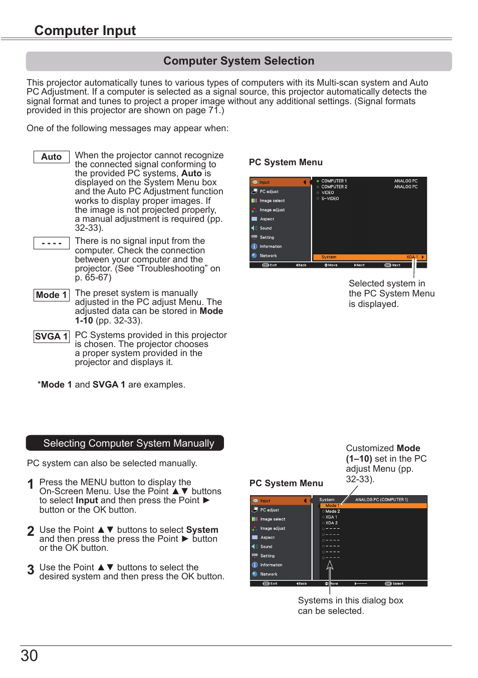 Computer system selection, Computer input | Canon LV 7490 User Manual | Page 30 / 78