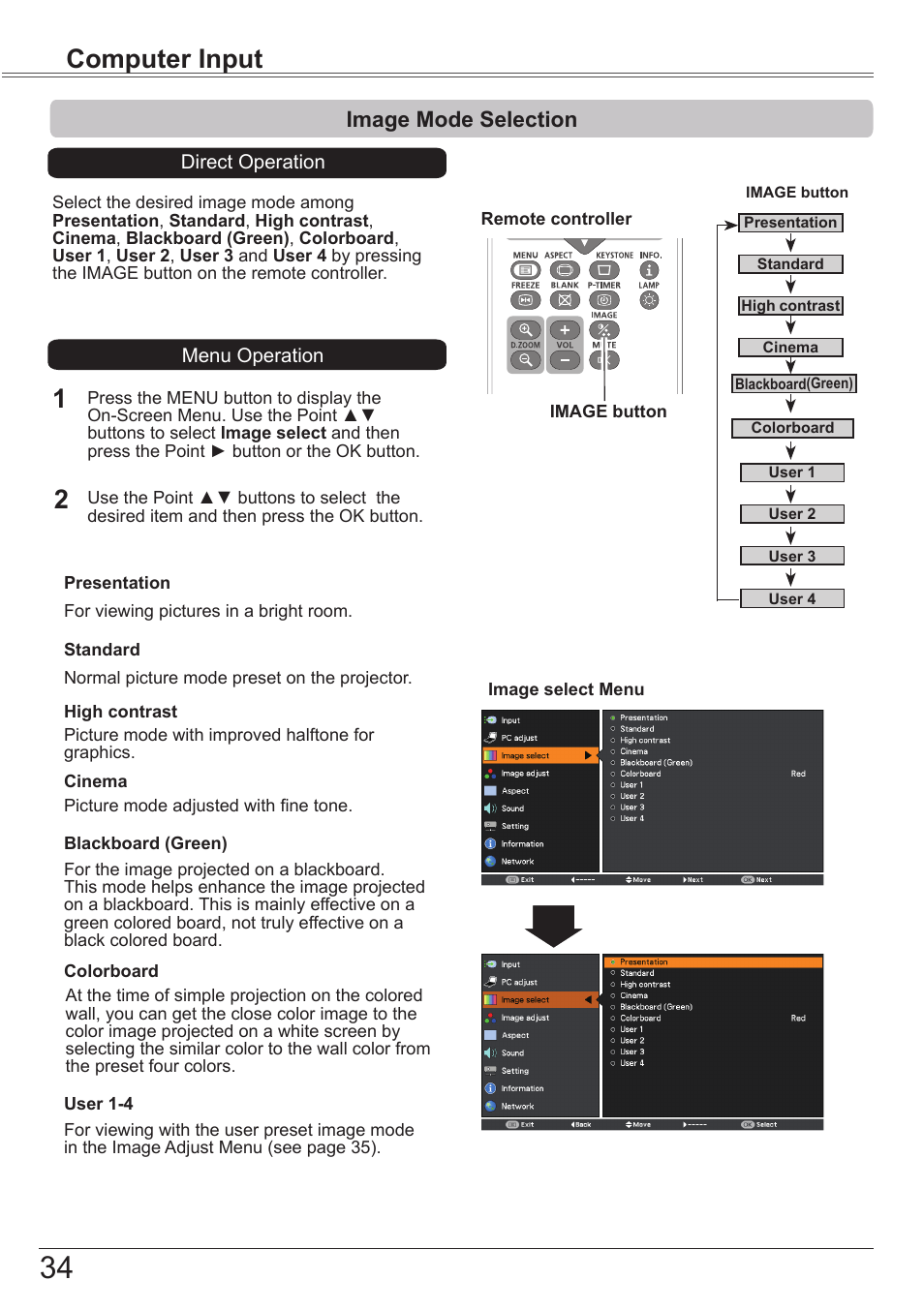Image mode selection, Computer input | Canon LV 7490 User Manual | Page 34 / 78