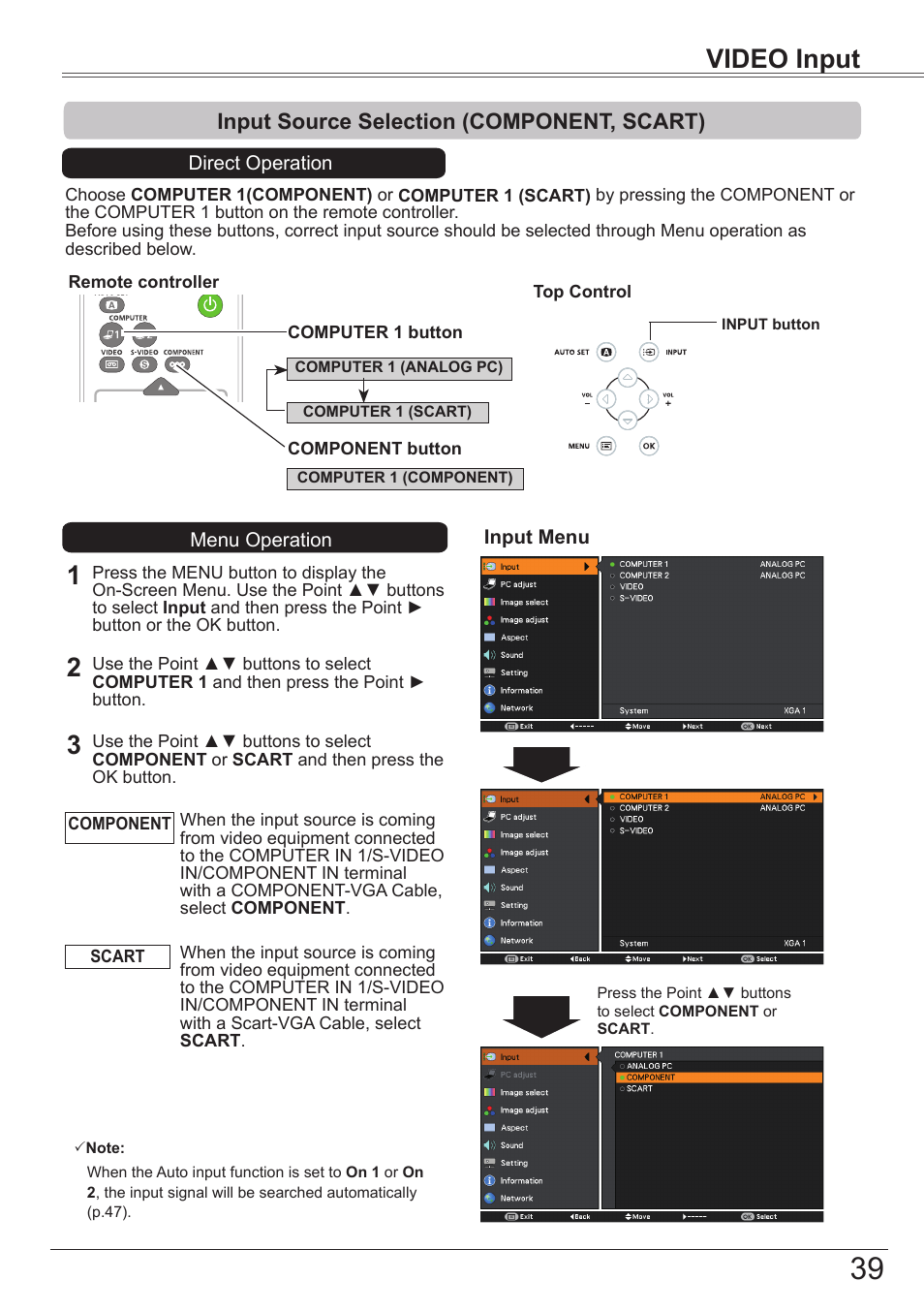 Input source selection (component, scart), Video input | Canon LV 7490 User Manual | Page 39 / 78