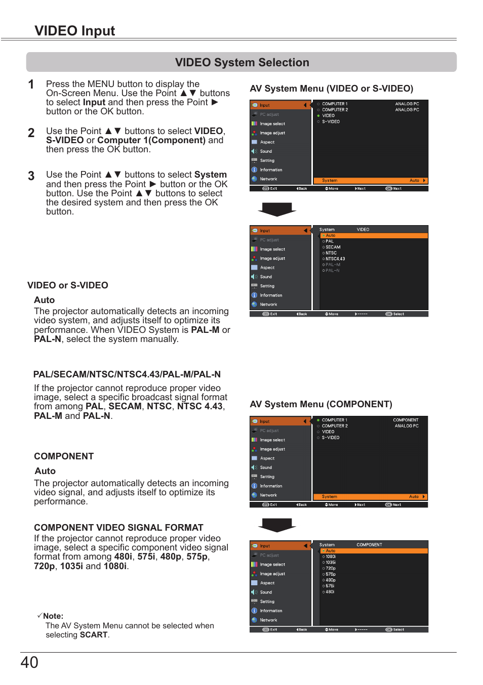 Video system selection, Video input | Canon LV 7490 User Manual | Page 40 / 78