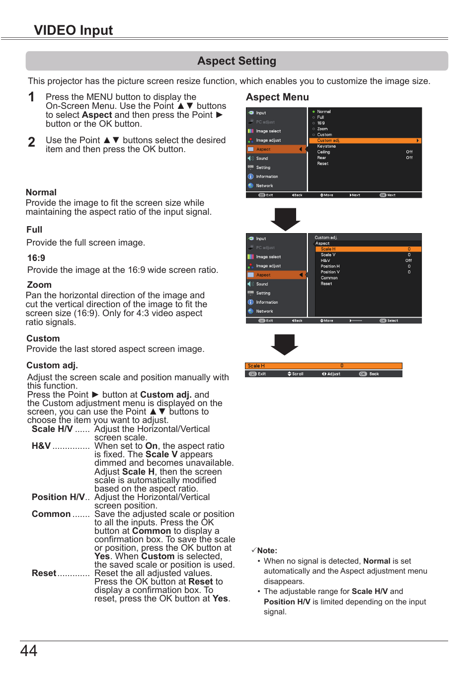 Aspect setting, Video input | Canon LV 7490 User Manual | Page 44 / 78