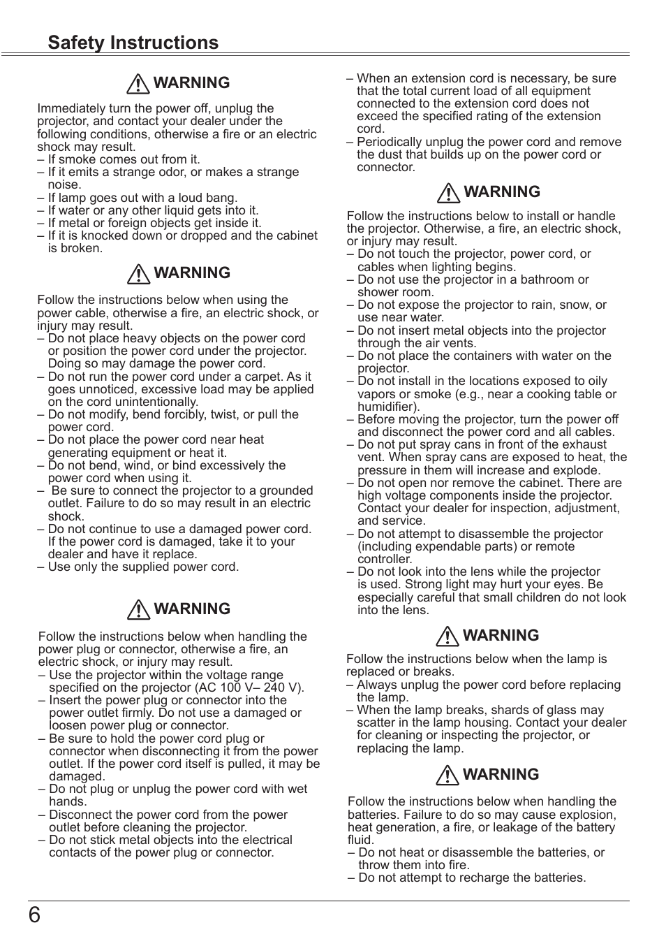 Safety instructions, Warning | Canon LV 7490 User Manual | Page 6 / 78