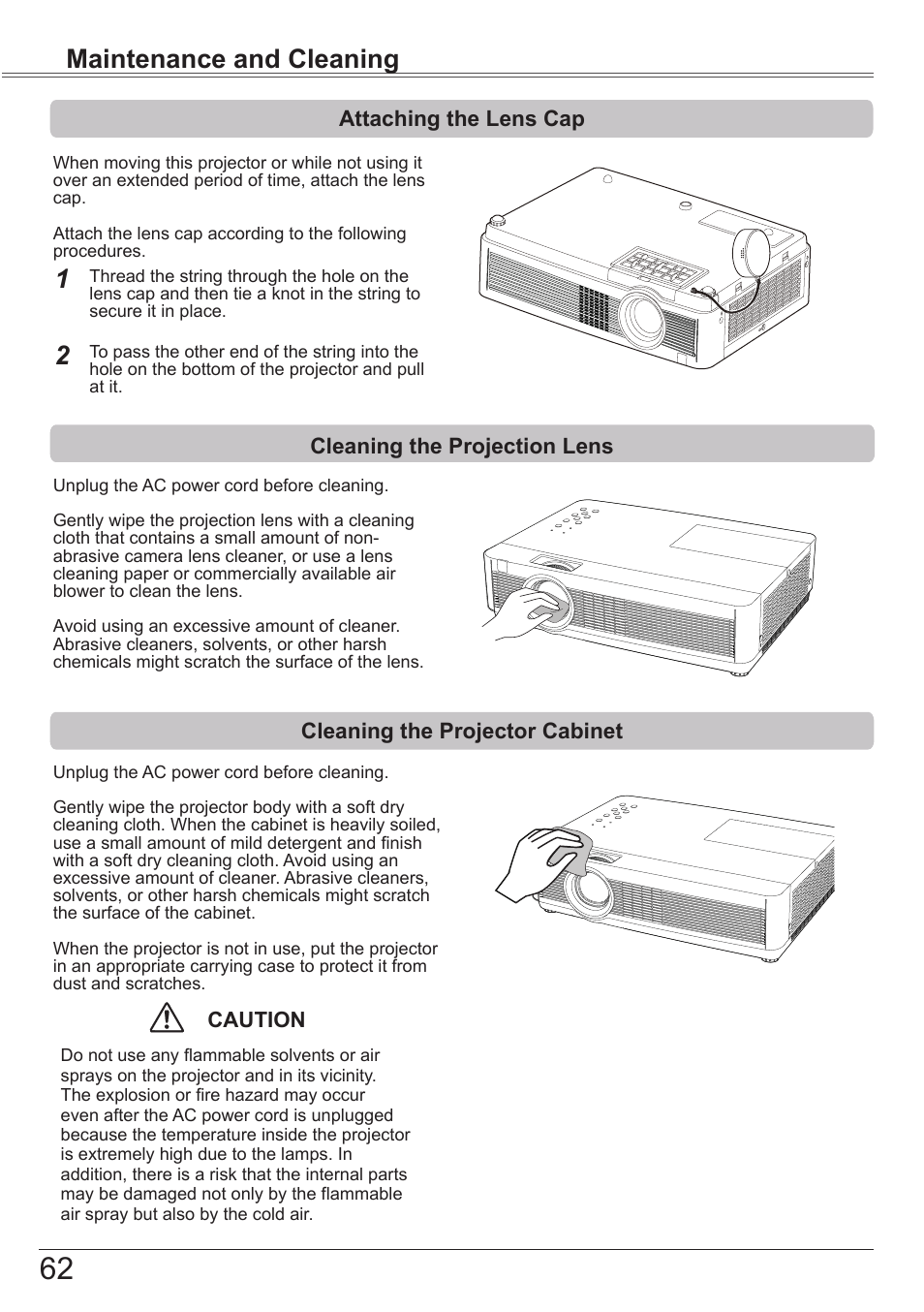 Attaching the lens cap, Cleaning the projection lens, Cleaning the projector cabinet | Maintenance and cleaning | Canon LV 7490 User Manual | Page 62 / 78