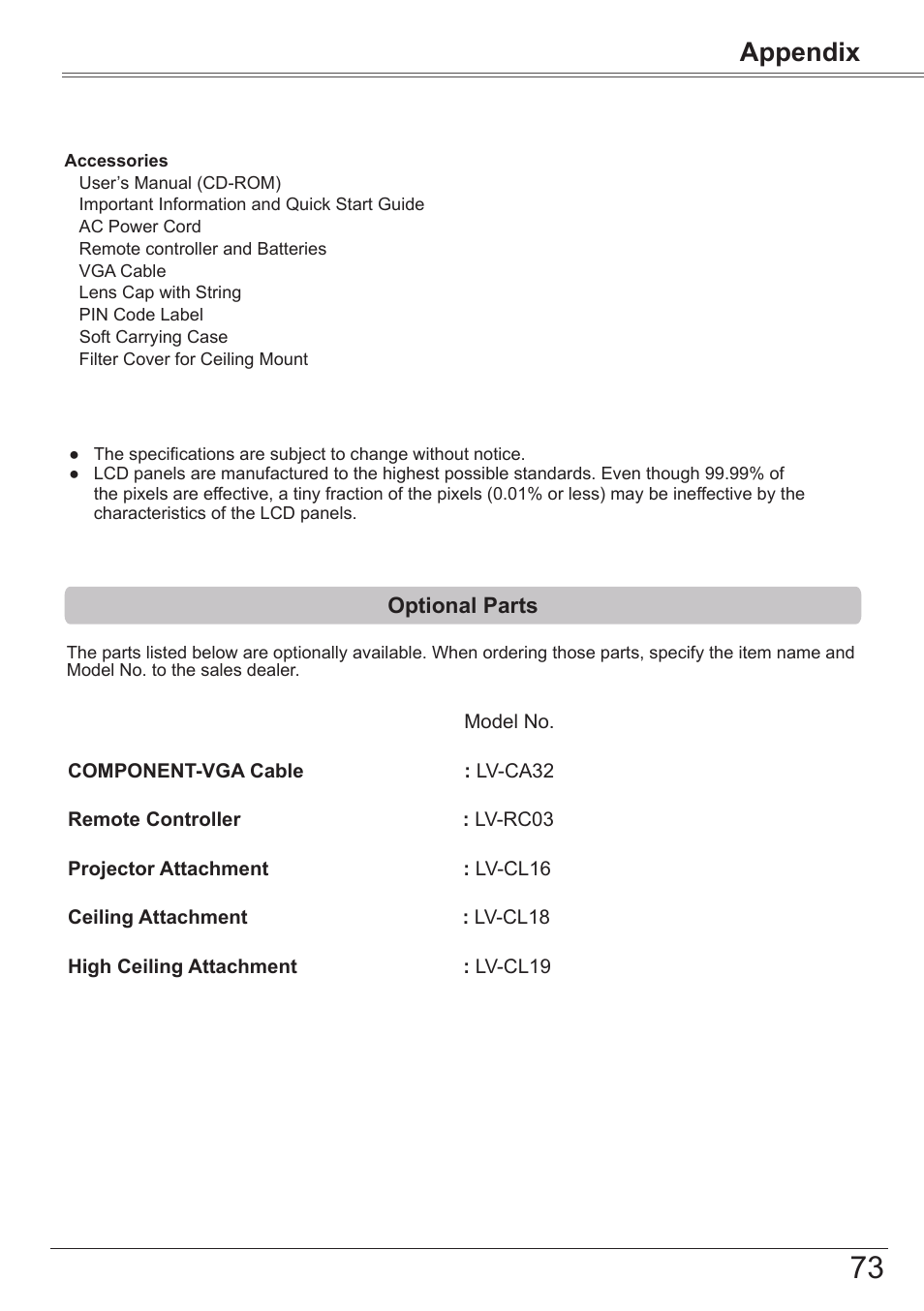 Optional parts, Appendix | Canon LV 7490 User Manual | Page 73 / 78