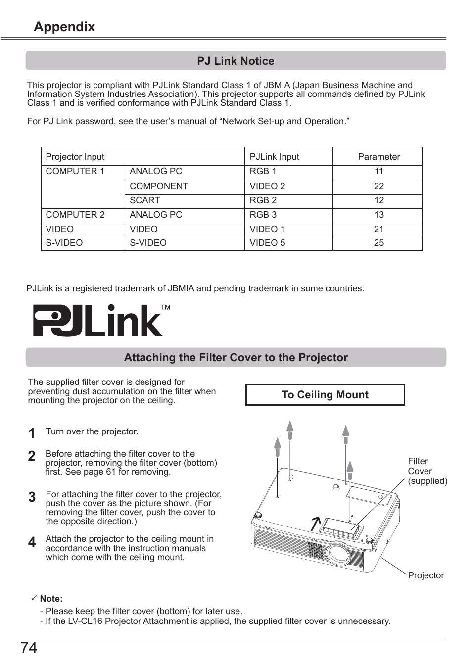 Pj link notice, Attaching the filter cover to the projector, Attaching the filter cover to the projector 74 | Appendix | Canon LV 7490 User Manual | Page 74 / 78