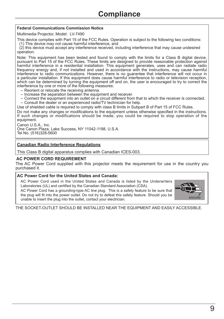 Compliance, 9compliance, Safety instructions | Canon LV 7490 User Manual | Page 9 / 78