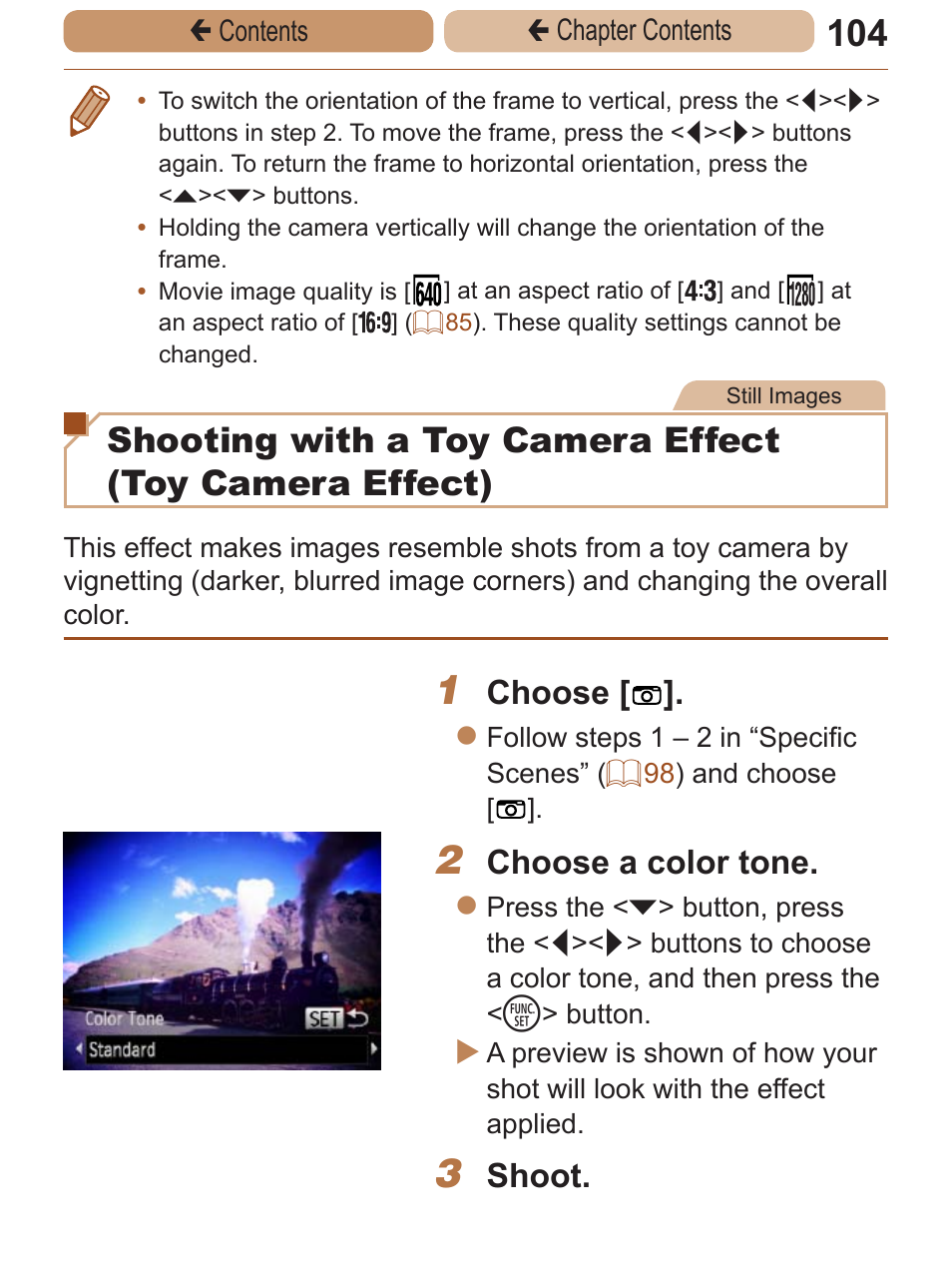 Choose, Choose a color tone, Shoot | Canon PowerShot ELPH 115 IS User Manual | Page 104 / 335