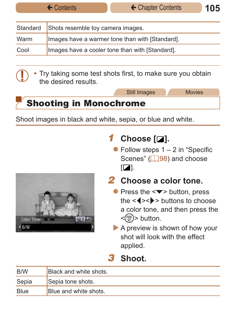 Shooting in monochrome, Choose, Choose a color tone | Shoot | Canon PowerShot ELPH 115 IS User Manual | Page 105 / 335