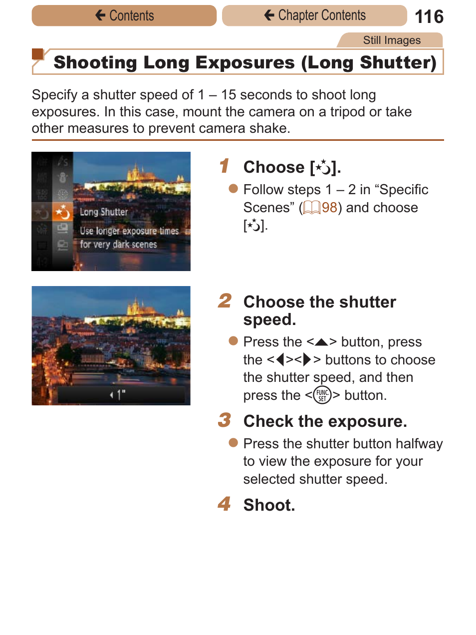 Images, shooting long exposures, Shooting long exposures (long shutter) | Canon PowerShot ELPH 115 IS User Manual | Page 116 / 335