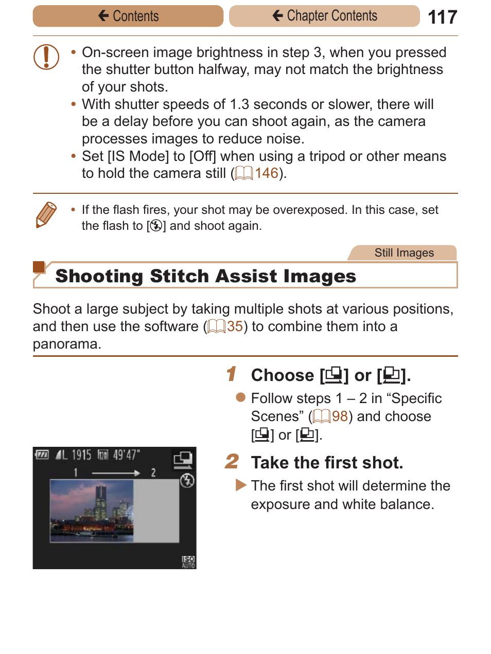 Shooting stitch assist images, Choose [ x ] or [ v, Take the first shot | Canon PowerShot ELPH 115 IS User Manual | Page 117 / 335