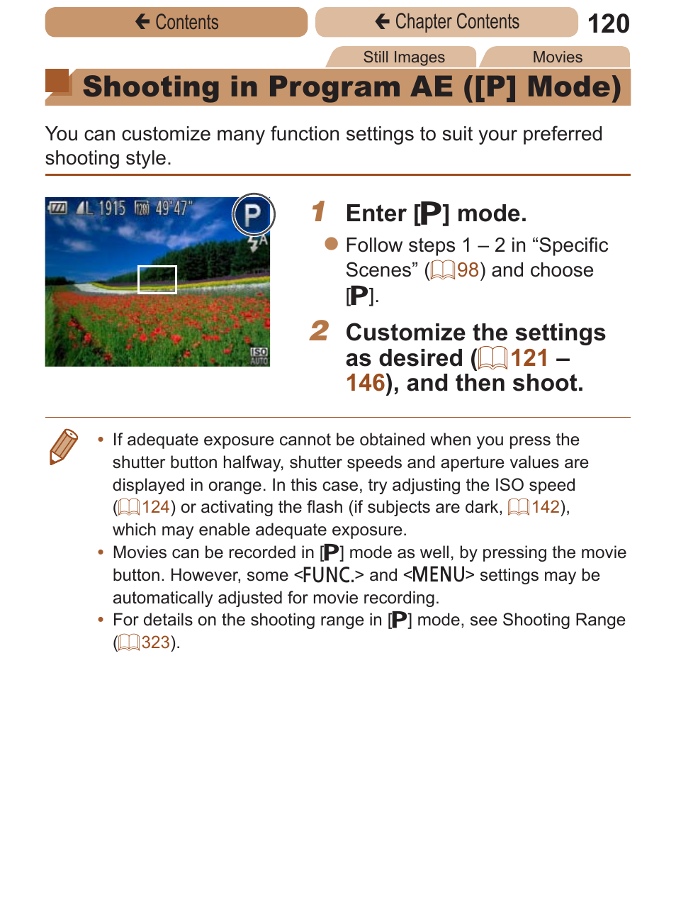 Shooting in program ae, P] mode), Shooting in program ae ([p] mode) | Enter [ g ] mode | Canon PowerShot ELPH 115 IS User Manual | Page 120 / 335