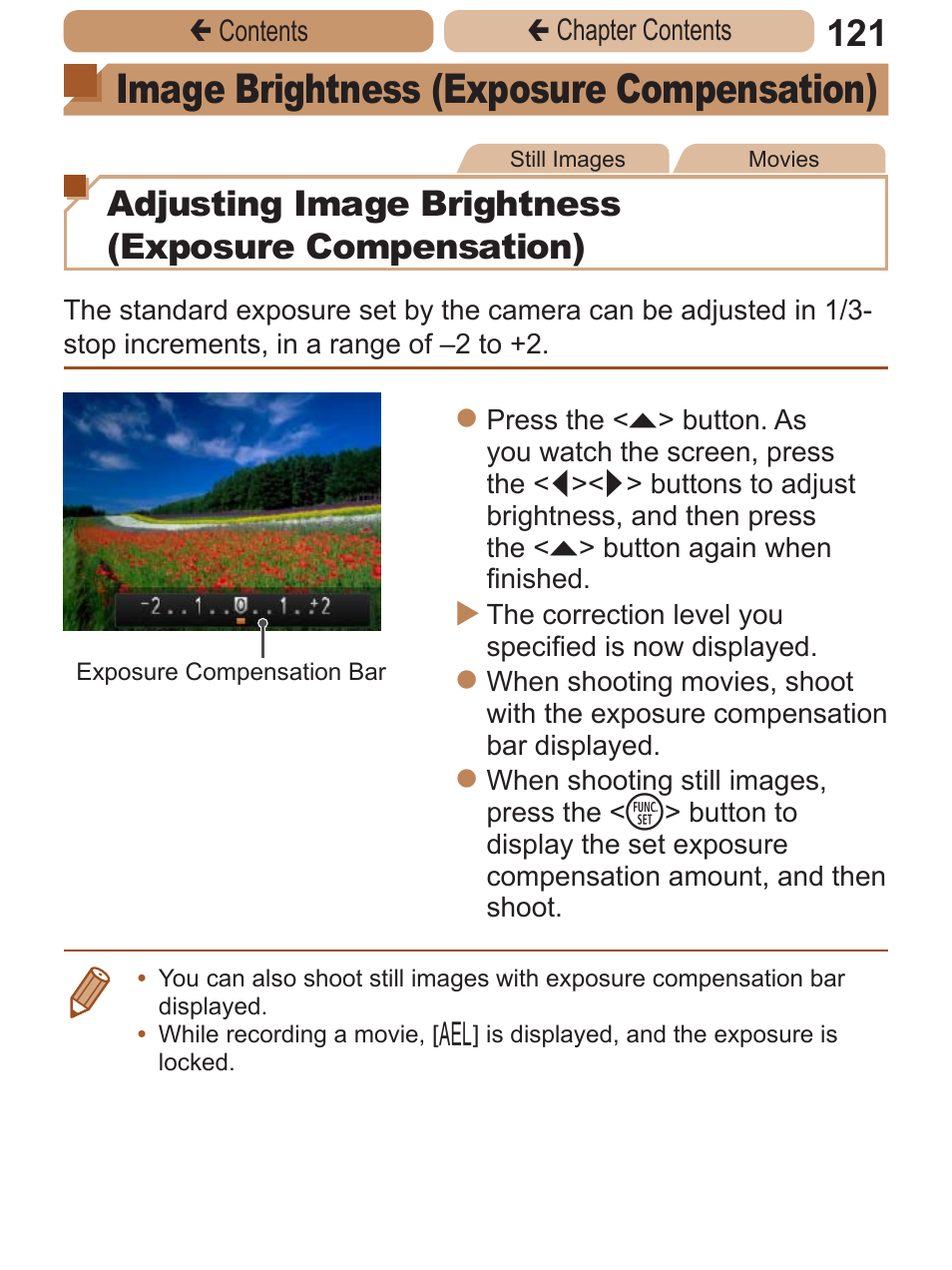 Image brightness, Exposure compensation), Image brightness (exposure | Compensation), Image brightness (exposure compensation), Adjusting image brightness (exposure compensation) | Canon PowerShot ELPH 115 IS User Manual | Page 121 / 335