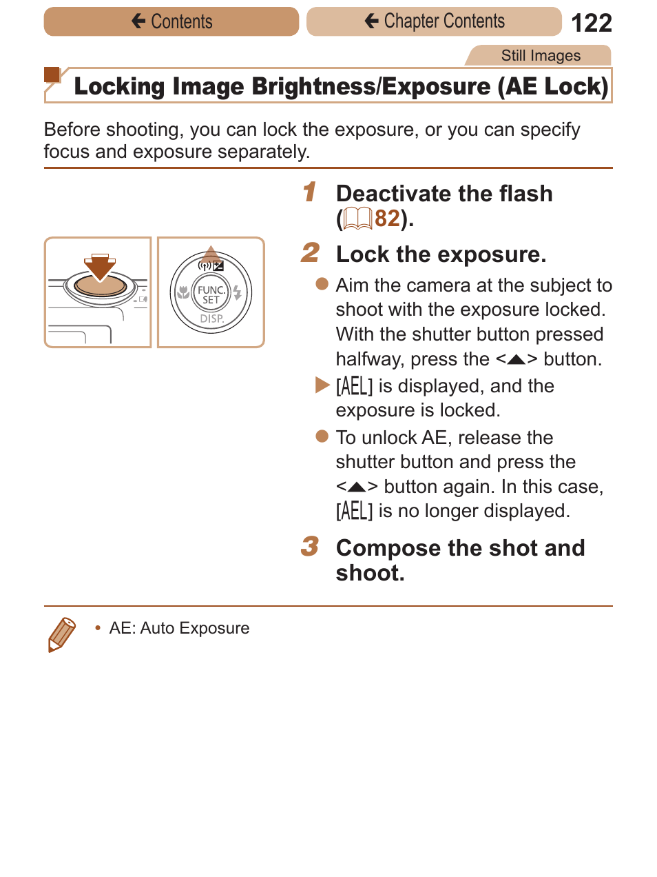 Locking image brightness/exposure (ae lock) | Canon PowerShot ELPH 115 IS User Manual | Page 122 / 335