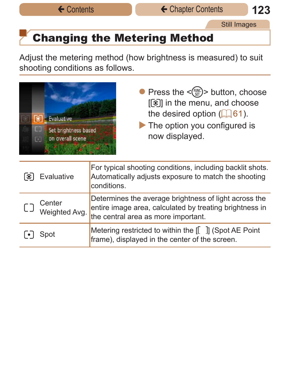 Changing the metering method | Canon PowerShot ELPH 115 IS User Manual | Page 123 / 335