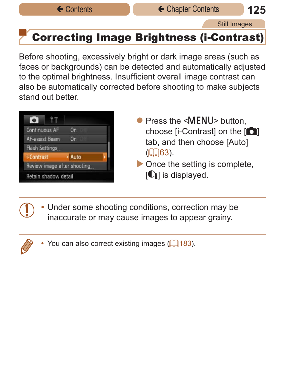 Correcting image brightness (i-contrast) | Canon PowerShot ELPH 115 IS User Manual | Page 125 / 335