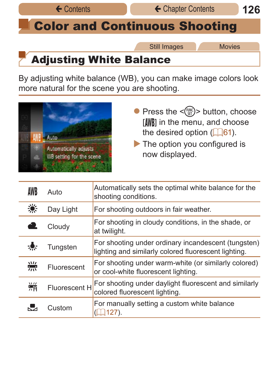Color and continuous, Shooting, Color and continuous shooting | Adjusting white balance | Canon PowerShot ELPH 115 IS User Manual | Page 126 / 335