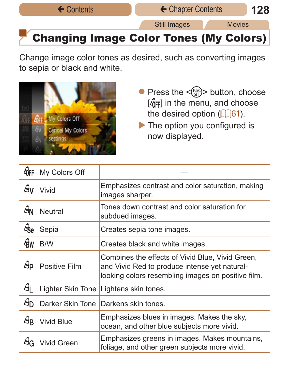 Changing image color tones (my colors) | Canon PowerShot ELPH 115 IS User Manual | Page 128 / 335