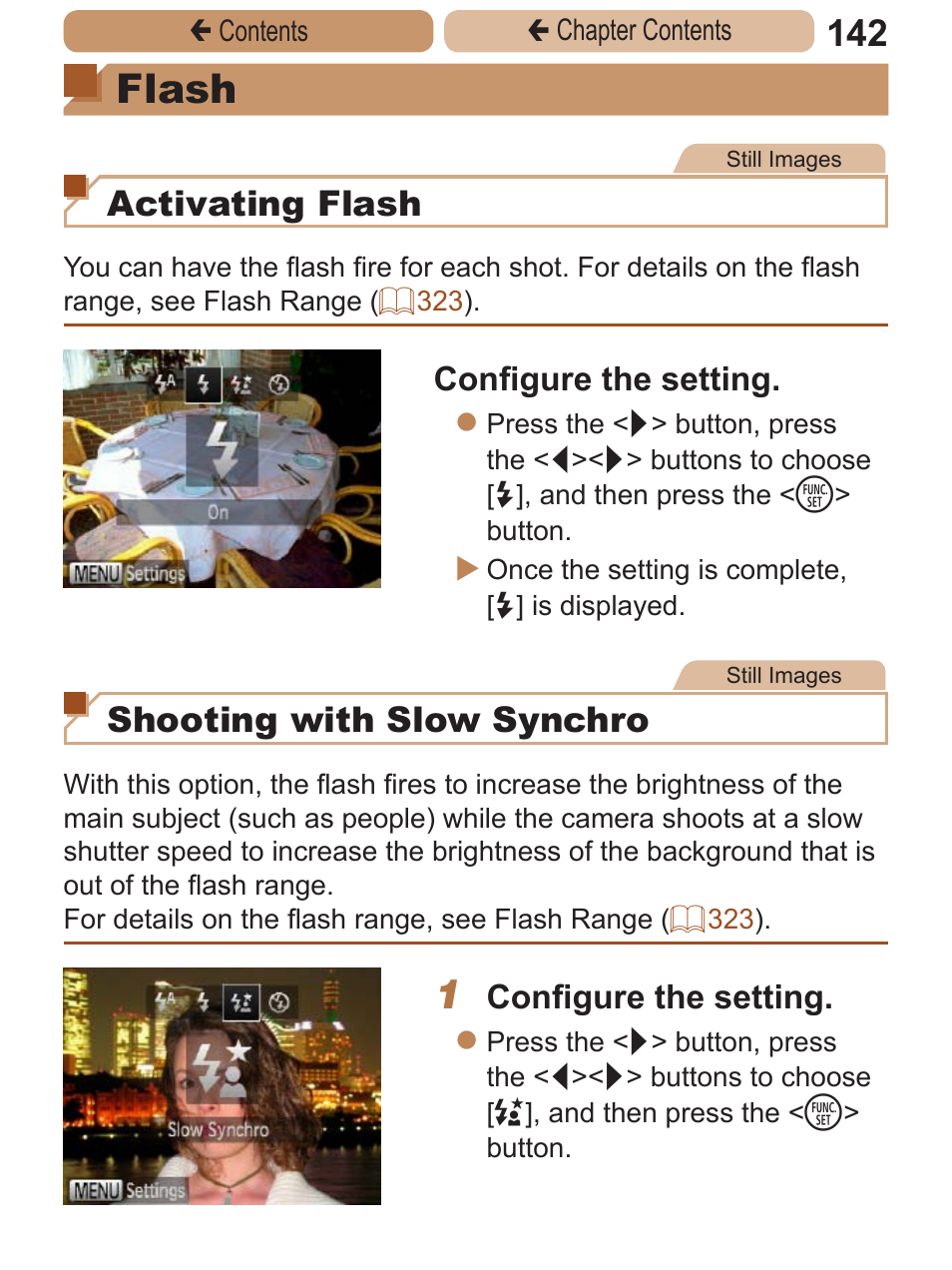 Flash, Activating flash, Shooting with slow synchro | Configure the setting | Canon PowerShot ELPH 115 IS User Manual | Page 142 / 335
