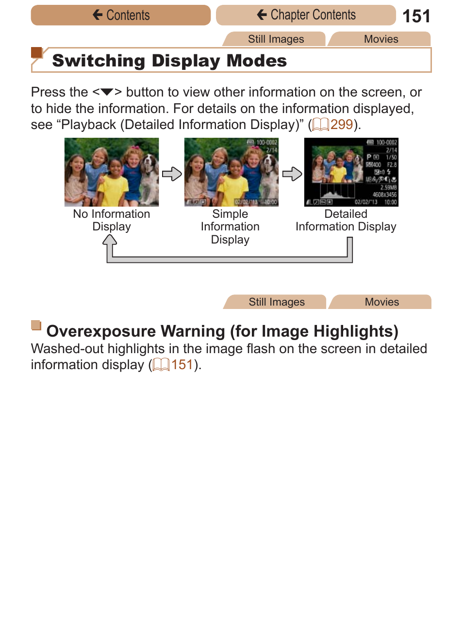 Switching display modes, Overexposure warning (for image highlights) | Canon PowerShot ELPH 115 IS User Manual | Page 151 / 335