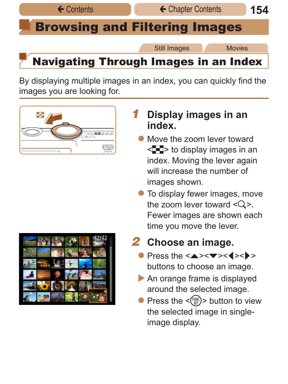 Browsing and filtering, Images, Browsing and filtering images | Navigating through images in an index | Canon PowerShot ELPH 115 IS User Manual | Page 154 / 335