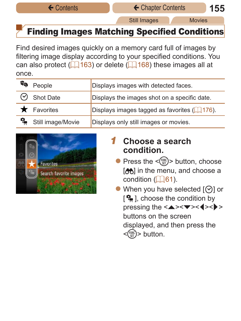 Finding images matching specified conditions, Choose a search condition | Canon PowerShot ELPH 115 IS User Manual | Page 155 / 335