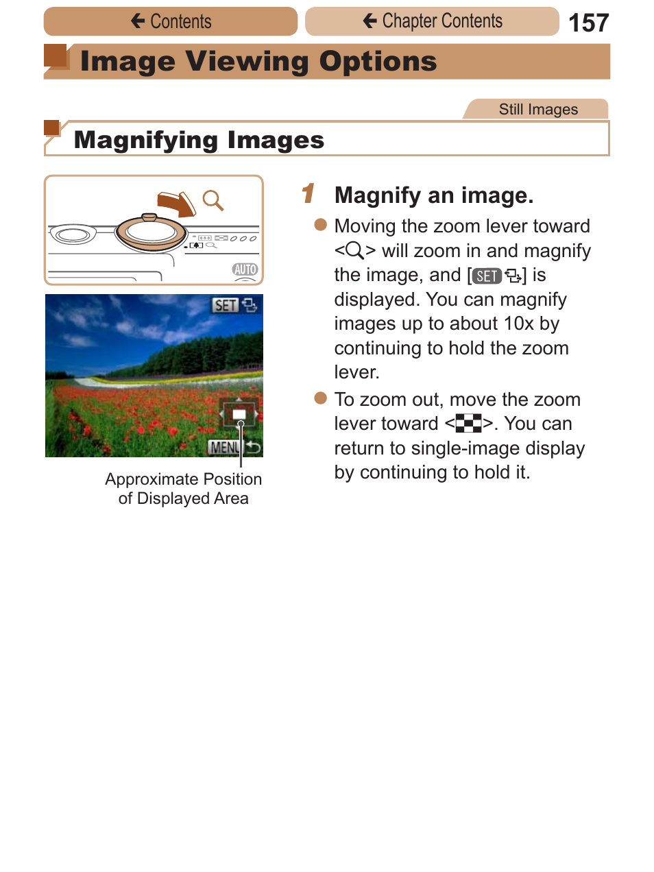 Image viewing options, Magnifying images | Canon PowerShot ELPH 115 IS User Manual | Page 157 / 335