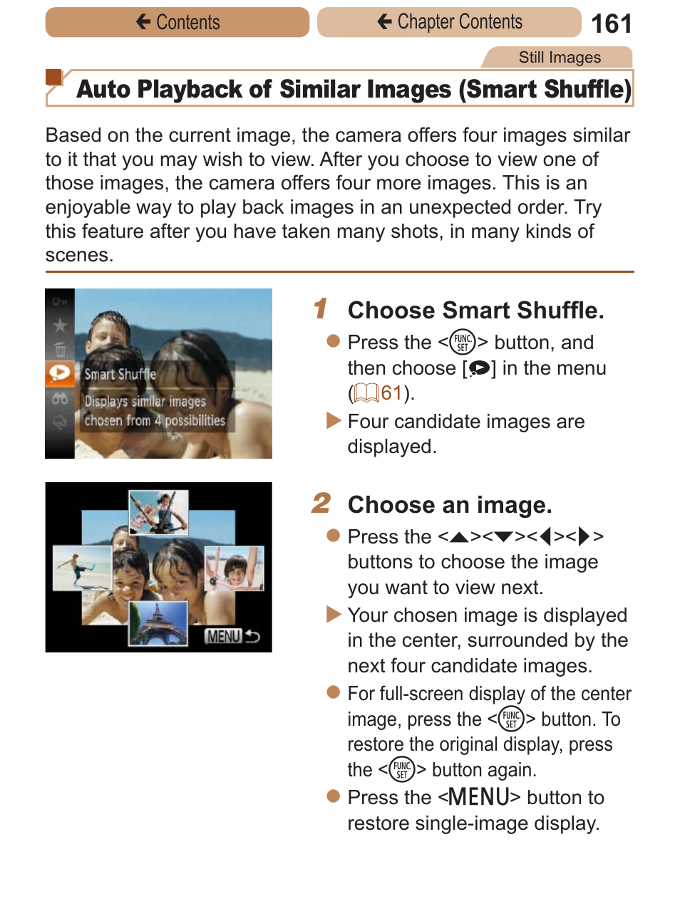 Auto playback of similar images (smart shuffle), Choose smart shuffle, Choose an image | Canon PowerShot ELPH 115 IS User Manual | Page 161 / 335