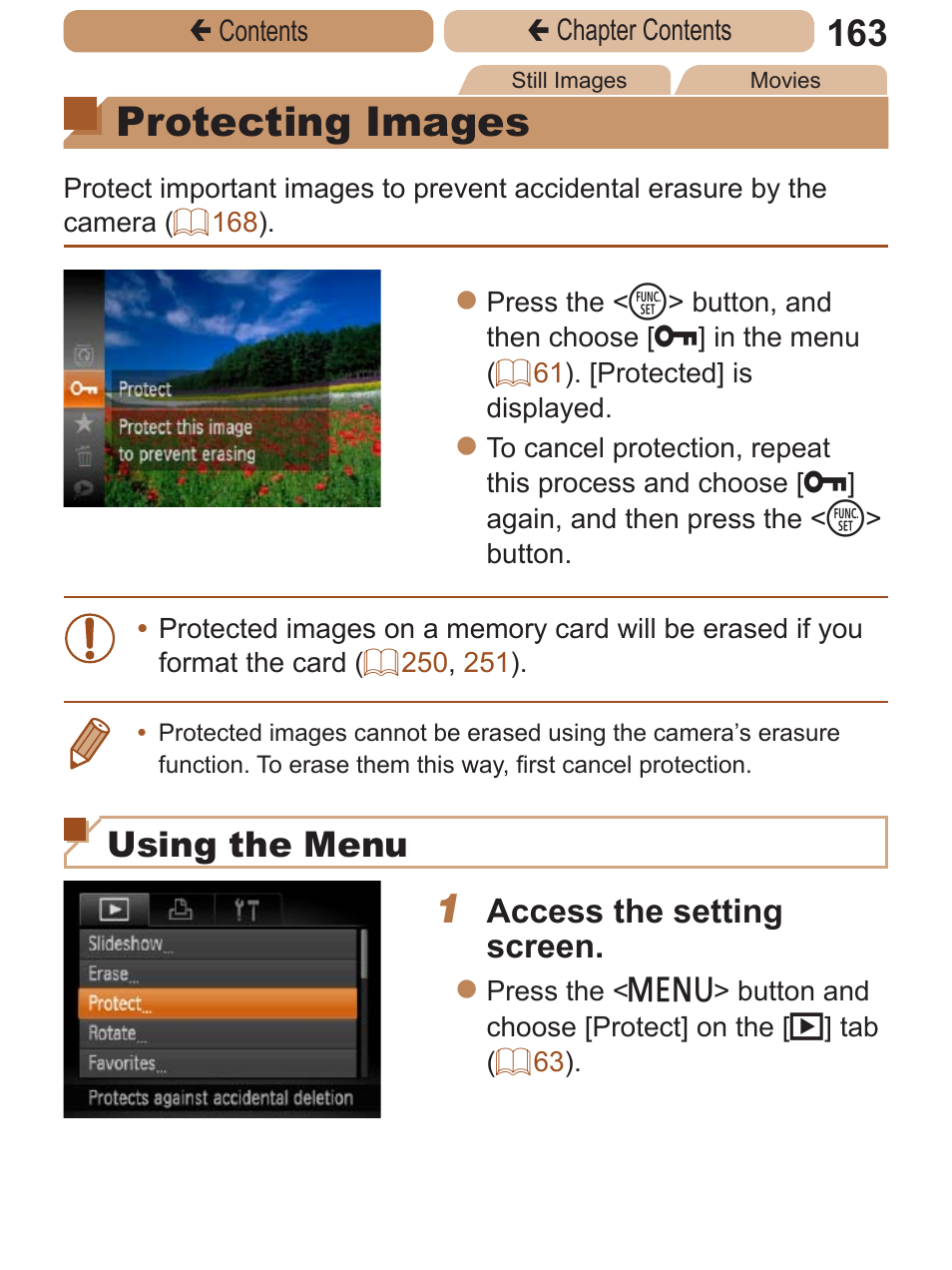 Protecting images, Protect, All images in search] in protecting images | Erasing, Using the menu, Access the setting screen | Canon PowerShot ELPH 115 IS User Manual | Page 163 / 335