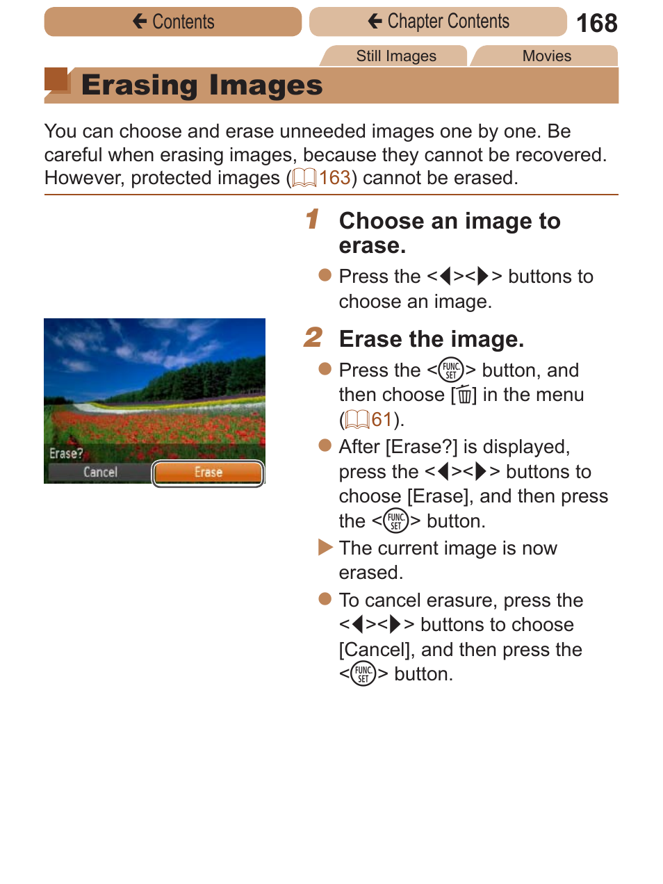Erasing images, Erase, Or delete | Choose an image to erase, Erase the image | Canon PowerShot ELPH 115 IS User Manual | Page 168 / 335