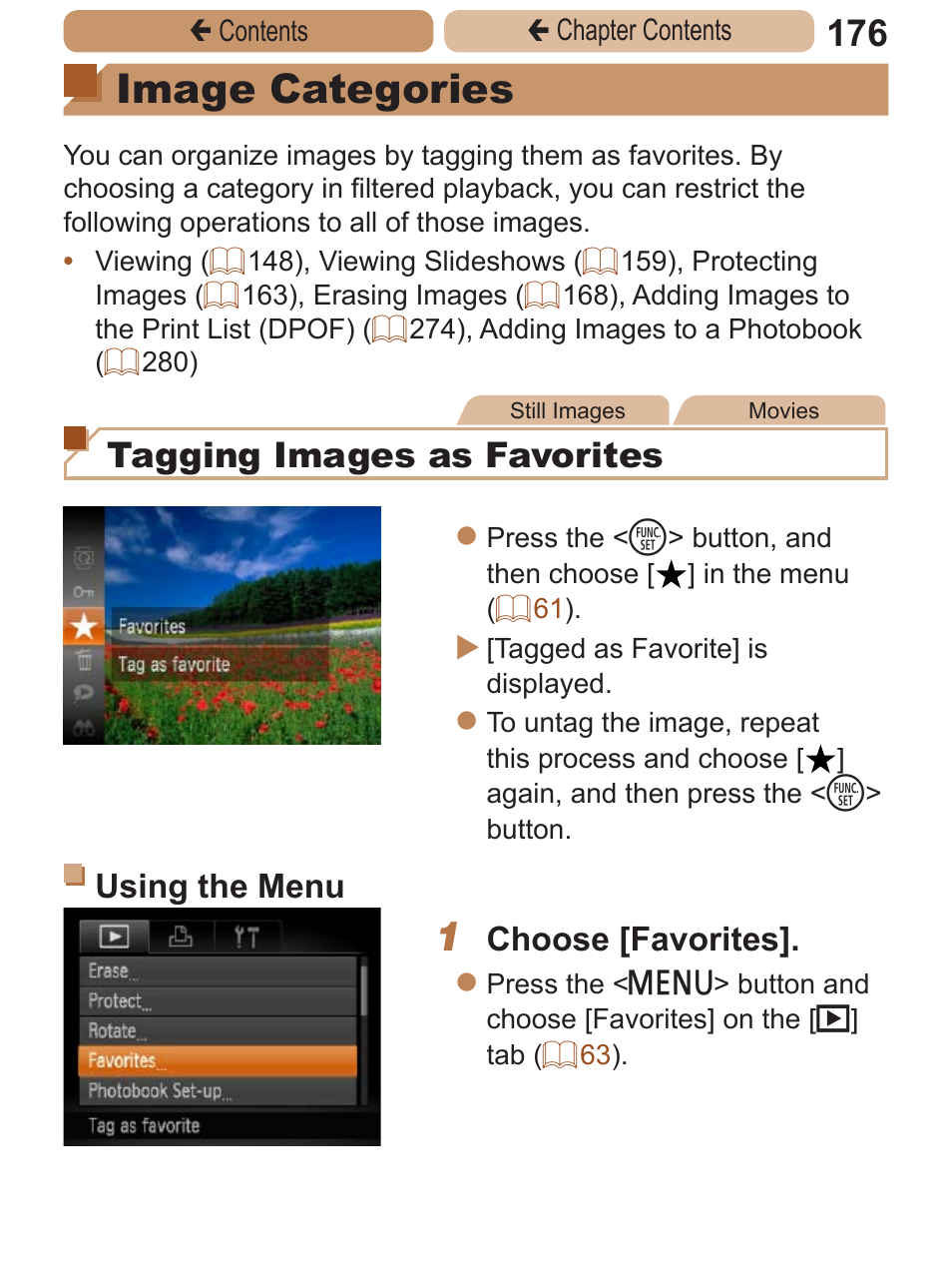 Image categories, Favorites, Displays images tagged as favorites | Tagging images as favorites, Using the menu, Choose [favorites | Canon PowerShot ELPH 115 IS User Manual | Page 176 / 335
