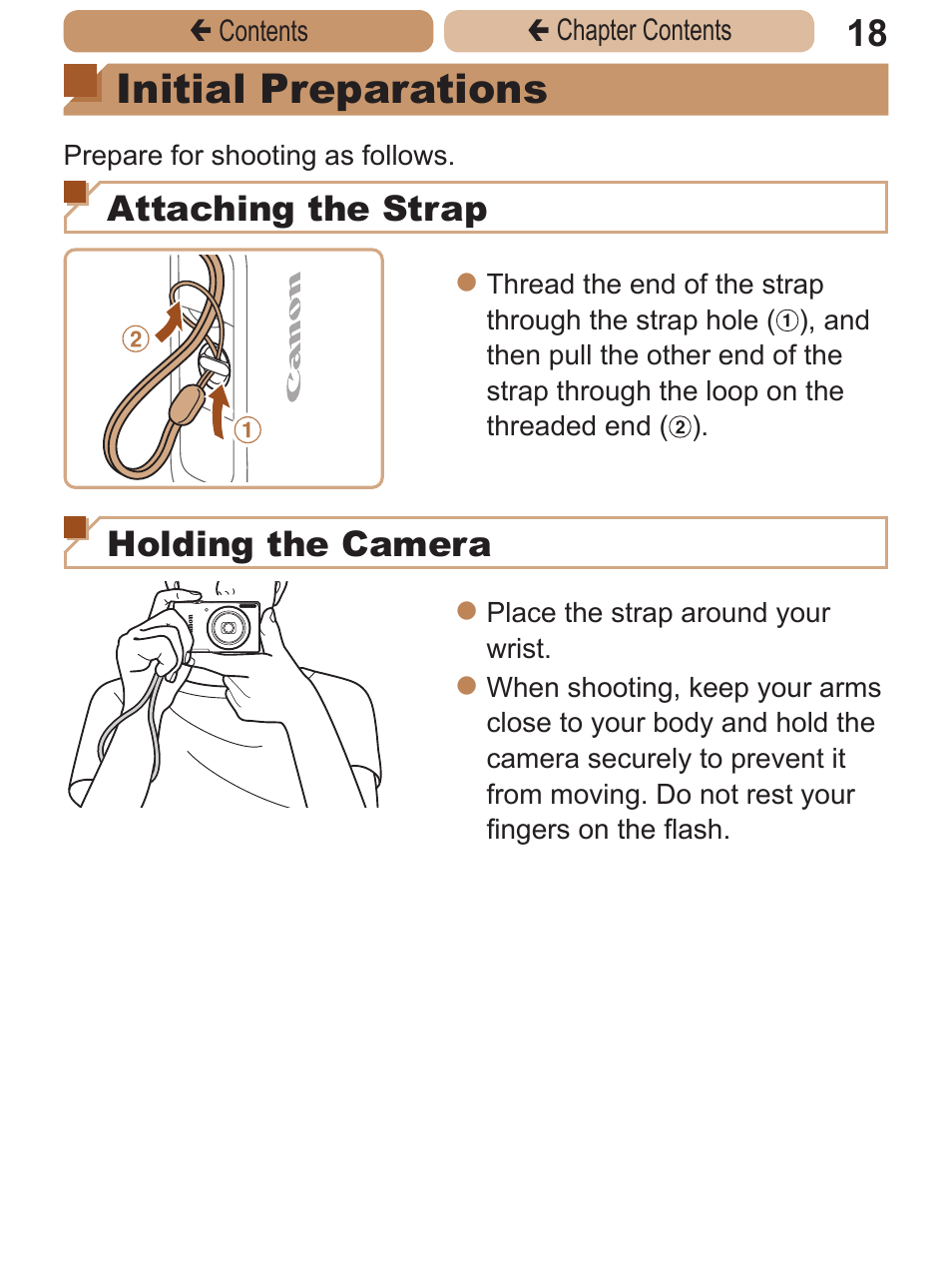 Initial preparations, Attaching the strap, Holding the camera | Canon PowerShot ELPH 115 IS User Manual | Page 18 / 335