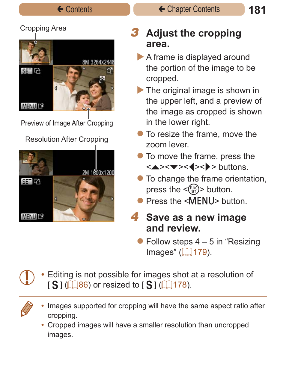 Adjust the cropping area, Save as a new image and review | Canon PowerShot ELPH 115 IS User Manual | Page 181 / 335